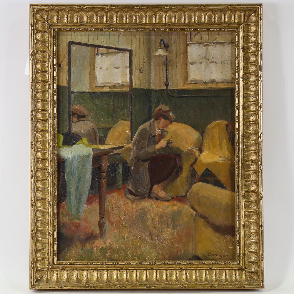 Mary Cadogan, oil on canvas, waiting room, signed, 46cm x 36cm, framed Good original condition, very