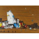 Kazi Salahuddin Ahmed, mixed media oil/charcoal on brown paper, abstract city scene, signed and
