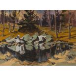 20th century Canadian School, forest scene, indistinctly signed, 30cm x 40cm, unframed Good