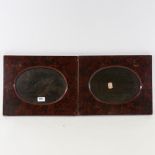 A pair of Japanese red ground painted and lacquer frames, 30cm x 38cm Some rubbing on the edges