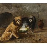 19th century oil on wood panel, 2 dogs in a stable, indistinctly signed, 28cm x 33cm, unframed