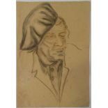 Attributed to Paul Cadmus, pencil/crayon on paper, portrait of a man in a beret, indistinctly