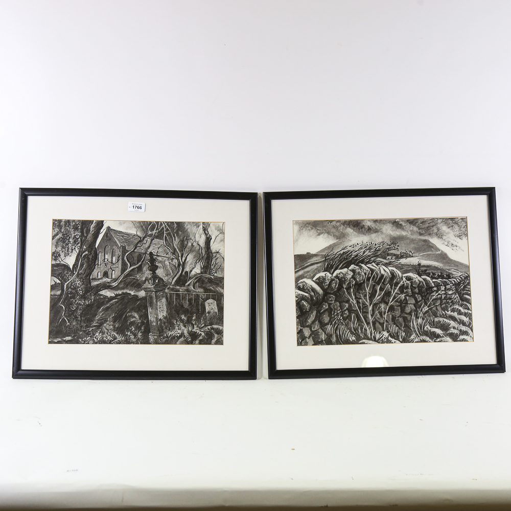 Jolyon Stringer, pair of charcoal and chalk drawings, Welsh landscapes, signed and titled, 28cm x - Image 2 of 2