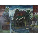 Guta Vardy, oil on board, abstract landscape, signed and dated 1959, 76cm x 102cm, framed Good
