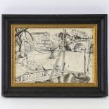 Brian Seaton, pen and ink drawing, Richmond, signed and dated 1952, 25cm x 35cm, framed Good