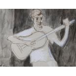 Jo Jones (1894 - 1989), watercolour/ink, guitar player, circa 1960, signed, 25cm x 32cm, framed Good