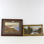 Watercolour, coastal view, 23cm x 33cm, and oil on board, river scene, 19cm x 42cm, both unsigned,