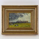 Geoffrey Chatten, oil on board, steam train in landscape, Haddiscoe Dam, signed, 10cm x 15cm, framed