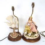 2 table lamps supported by Capodimonte figures - girl with geese, and a white dove, height 39cm