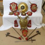 Various decorative mounted coats of arms, reproduction swords and axes, wall plaque etc