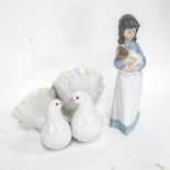 Lladro porcelain doves, and a NAO girl with puppy, 23cm