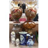 Various ceramic items, including 2 Oriental jugs with character marks, oil lamp etc