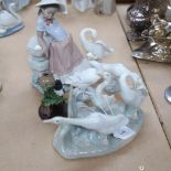 Lladro child wearing a hat, 21cm, 4 Lladro birds, and a Oiseaux magpies