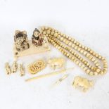 Ivory balls and figures, brooch, composition netsukes etc