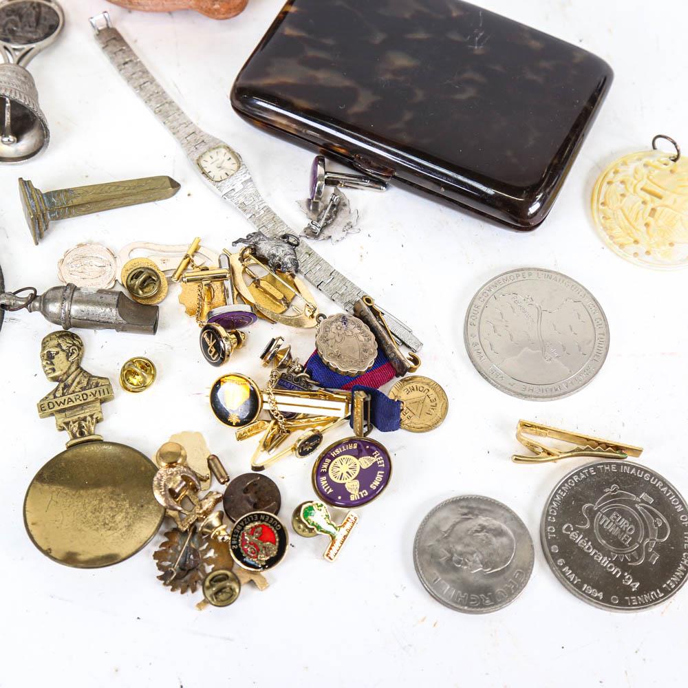 A box of interesting items, including badges, bell, miniature shoe, Royal memorabilia, oil lamp etc - Image 2 of 2