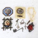 A group of religious items, including a miniature painted Madonna and Child