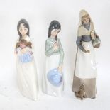 Lladro girl with a basket and puppy, 26cm, and 2 NAO girl figures