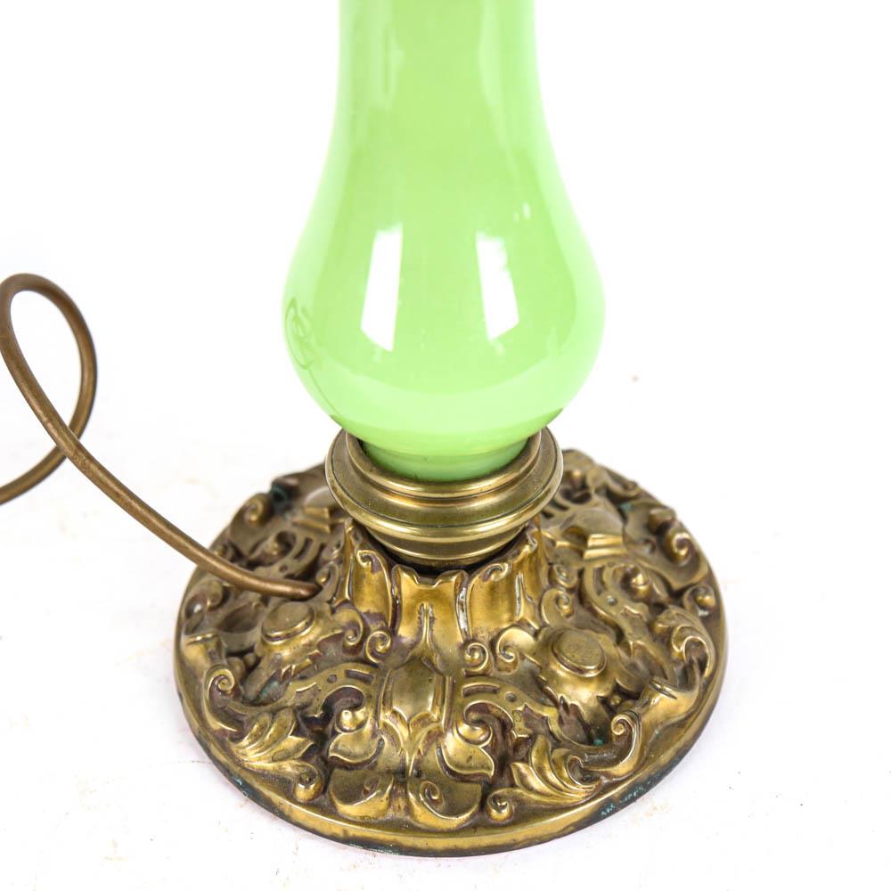 A green glass table lamp, on embossed brass base, height 48cm overall - Image 2 of 2