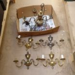 A Vintage brass 5-branch chandelier, and matching set of 4 twin-branch wall sconces, chandelier