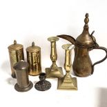 A pair of brass trench art canisters, a pair of Victorian brass candlesticks, an Eastern brass