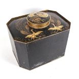 A large modern octagonal tea canister, with black painted and gilded design of tropical birds and