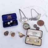 Cased silver cufflinks, coins, decanter labels, compass etc