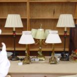 A pair of brass table lamps and shades, 39cm, a 4-branch brass lamp, and a pair of table lamps