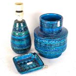 Italian blue glazed incised vase, height 18cm, similar table lamp and ashtray