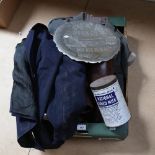 A mixed Lot of military items, including a uniform jacket, belt, water flask etc, and a miner's lamp