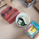 2 Vintage petrol cans, largest 2 gallons, various car manuals, funnels etc