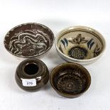 4 pieces of Andrew Hill Studio raku pottery, vase height 9cm, all signed