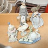 Lladro Dutch boy with pails of milk, 21cm, Lladro clown and puppy, duck, swan, and a NAO girl (5)