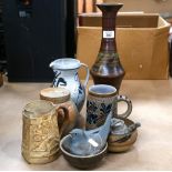 A group of Studio pottery, some signed, pottery mug with embossed decoration, 14cm