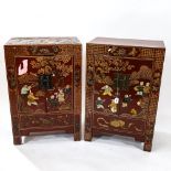 A pair of Chinese elm red lacquered 2-door side cabinets, with allover gilded and applied