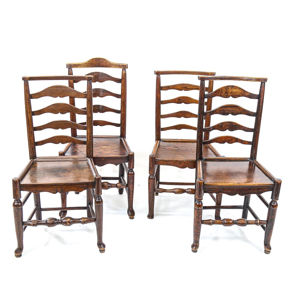 4 18th century oak and ash ladder-back dining chairs