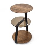 A contemporary design 3-tier side table, with glass and walnut tiers, and metal frame, H59cm