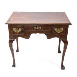 A Georgian mahogany lowboy, 3 frieze drawers and shaped apron, on cabriole legs, W79cm, H69cm, D48cm