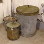 A large galvanised metal bin and lid, 2 galvanised buckets, and a copper coal bin