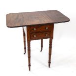 A Regency mahogany and ebony-strung drop leaf work table, raised on turned legs, W50cm, H71cm, D33cm