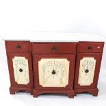 A painted break-front sideboard, with 3 frieze drawers and panelled cupboards under, on bracket