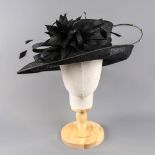 PETER BETTLEY LONDON - Black hat with feather diamanté detail, internal circumference 57cm, brim