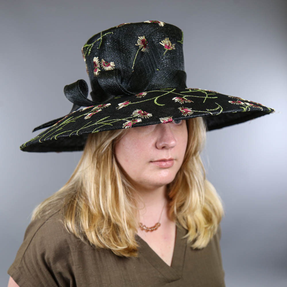 RACHEL TREVOR-MORGAN LONDON - Black floral embroidered occasion hat, with twirl detail and - Image 7 of 7