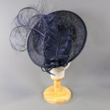 SUZANNE BETTLEY - Navy blue fascinator, with feather detail, headband fastening, overall width