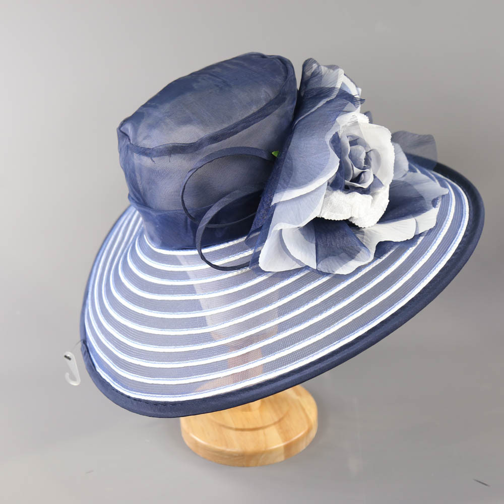 SUZANNE BETTLEY LONDON - Navy blue and white striped occasion hat, with flower and twirl detail, - Image 2 of 6