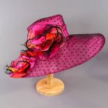 SUZANNE BETTLEY - Fuchsia pink with black polka dot occasion hat, with flower and gemstone and