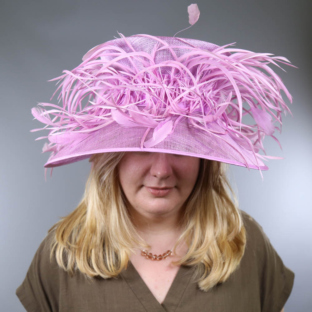PETER BETTLEY LONDON - Vibrant lilac pink hat, with feather detail, internal circumference 55cm Good - Image 7 of 7