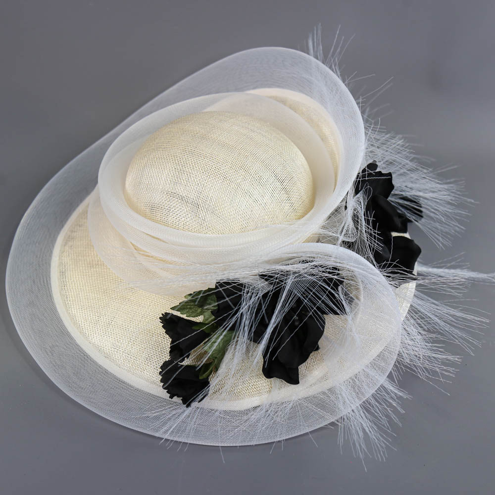 PETER BETTLEY LONDON - Ivory/neutral occasion hat, with black flower and frayed mesh detail, - Image 5 of 7