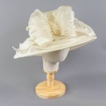 Ivory large brim occasion hat, with bow detail, no maker's label, internal circumference 55cm,
