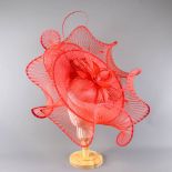 PETER BETTLEY LONDON - Large red fascinator, with feather, bead and twirl detail, headband and