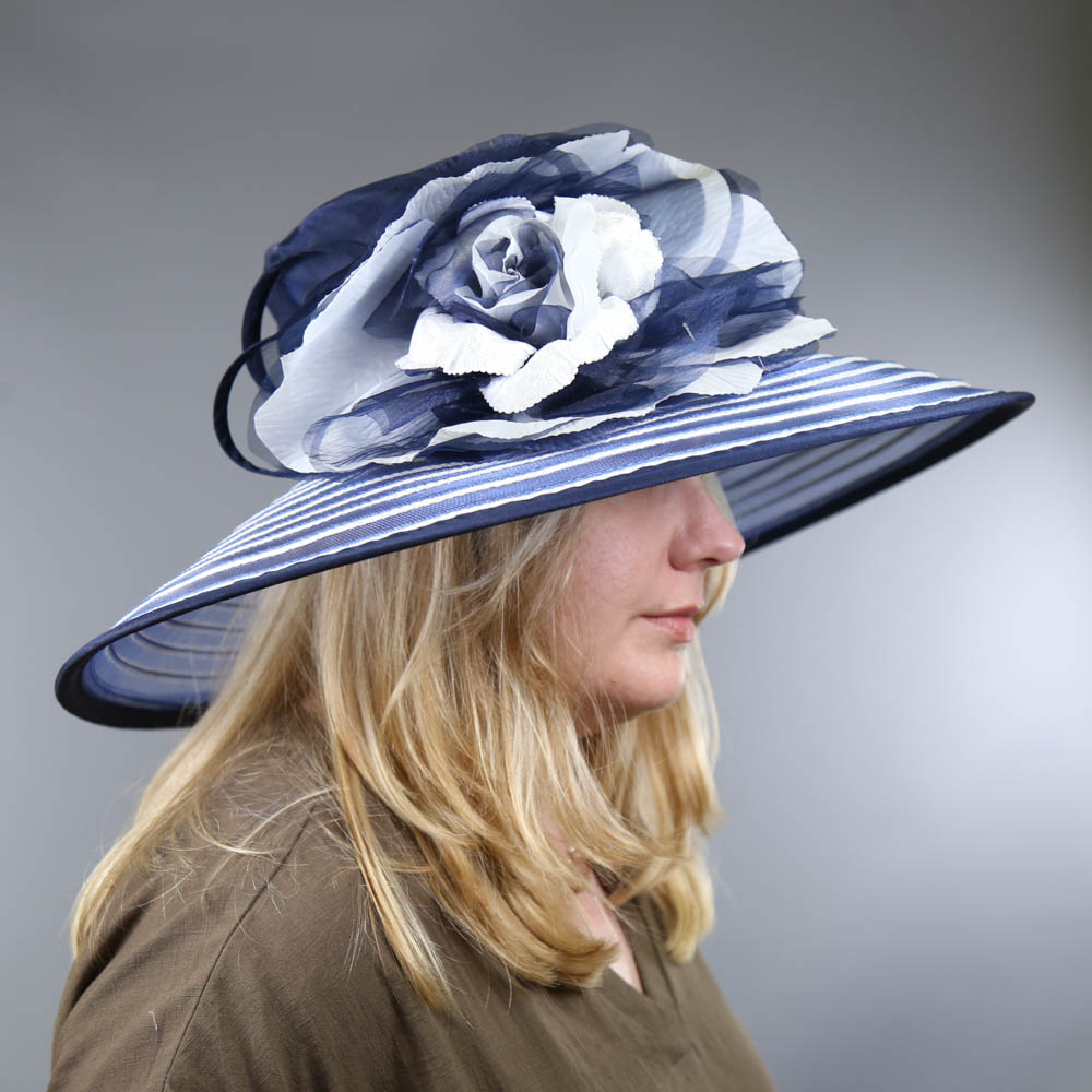 SUZANNE BETTLEY LONDON - Navy blue and white striped occasion hat, with flower and twirl detail, - Image 6 of 6